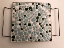 Mid Century Modern Tile  Trivet w/ Wire Feet Handles. Soft Aqua Blues & Green.