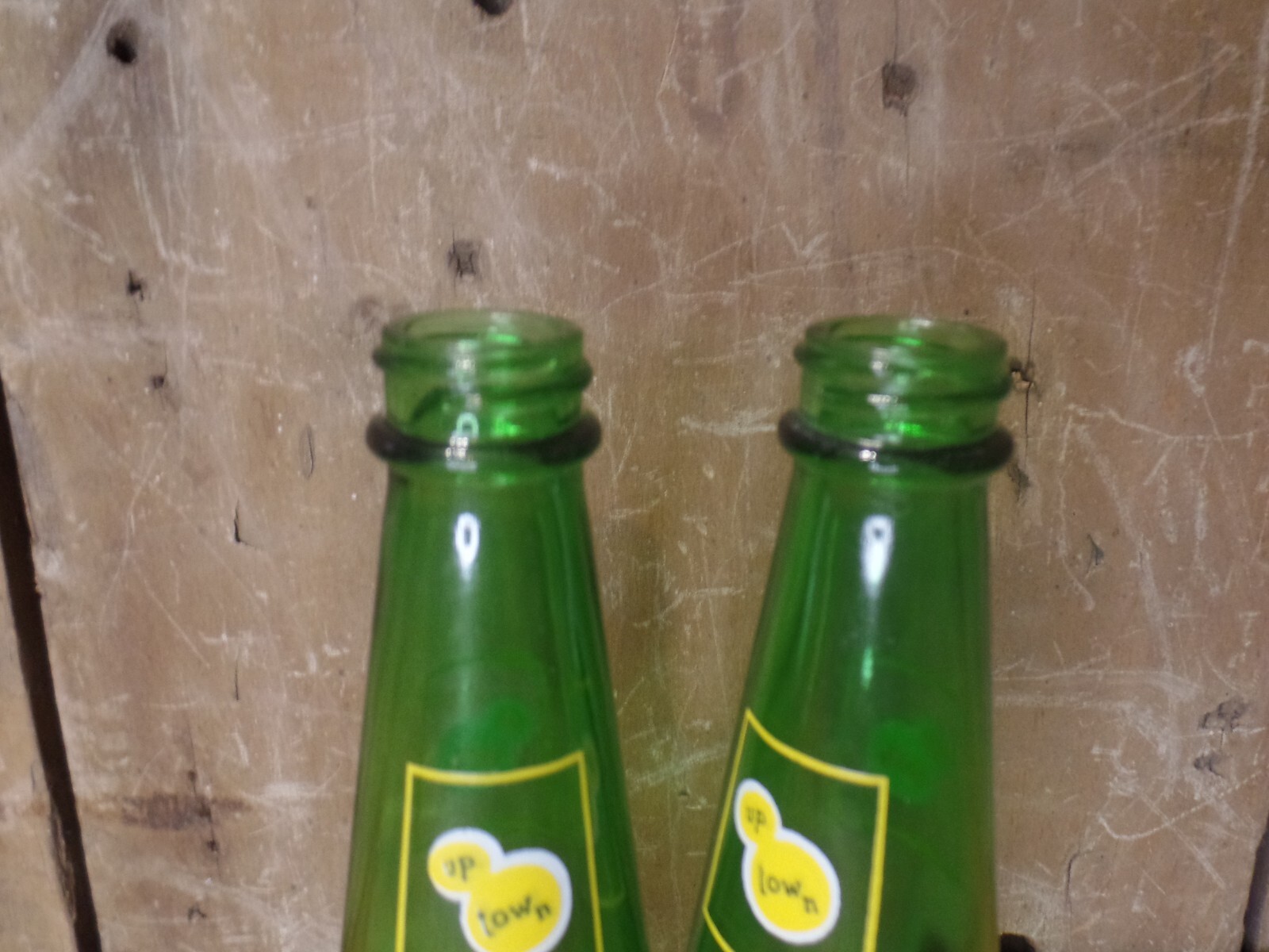 Vtg 50's Up-town Soda Pop Salt & Pepper Shakers Green Glass 6" Old Faygo Product