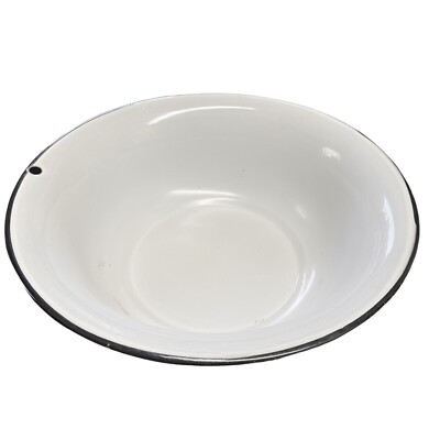 Vintage Enamel Wash Basin White and Black Enamelware 13x4'' Bowl Pan Farmhouse