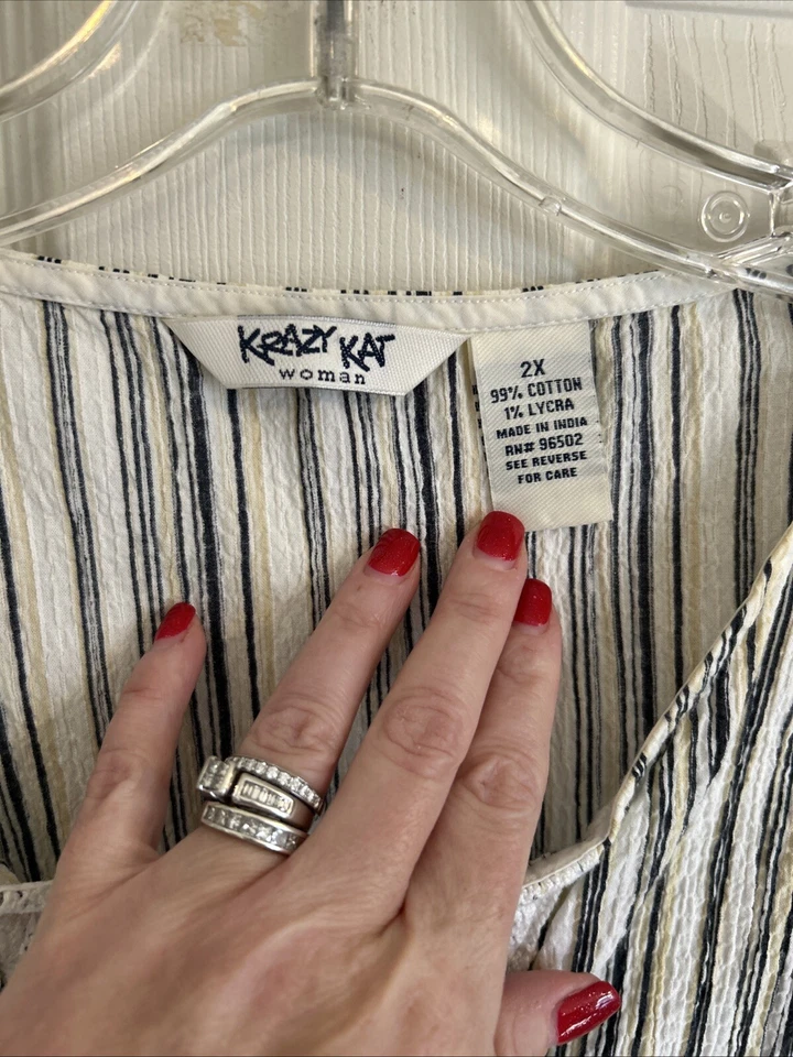 Camiseta sin mangas Krazy Kat de colección talla 2X blanca a rayas sin mangas túnica algodón detalle de encaje Foto 2 de 4