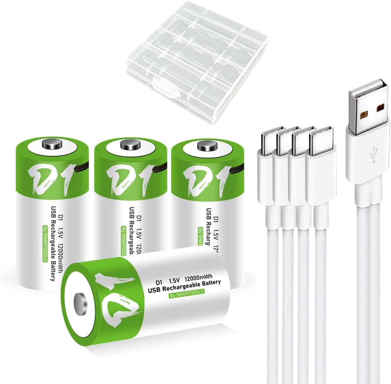 USB Rechargeable Lithium D Batteries with 4 in 1 USB-C Charging Cable,High Capac