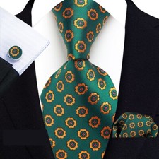 Classic Polka Dot Brown Green Jacquard Silk Men's Tie Necktie Hanky Cufflink Set