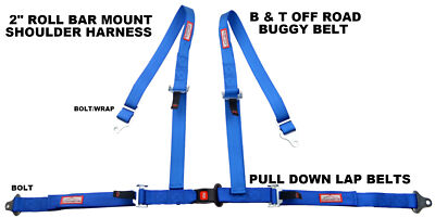 RACERDIRECT BLUE 4 POINT SEAT BELT HARNESS PULL DOWN LAP BELTS ROLL BAR MOUNT