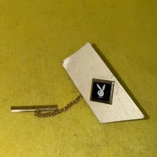Playboy Bunny Rabbit Head Tie Tack Vintage Gold Tone Lapel Pin Logo Chain
