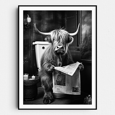 Highland Cow Reading Newspaper On The Toilet Scottish Cow Wall Art Poster Print