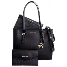 MICHAEL KORS CHARLOTTE LARGE 3 in 1 TOTE SHOULDER BAG CROSSBODY MK BLACK LEATHER