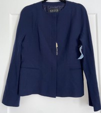 Krizia Made In Italy Hidden Button Navy Blue Collarless Blazer Jacket 46 M 8 New