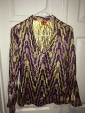 Tory Burch Women's Size 2 Tunic Top Shirt Gold and Purple Shiney Long Sleeve