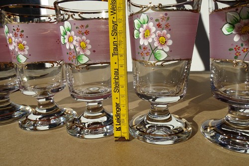 c.1970 BECHERGLAS 6x FUSSBECHER KELCHGLAS Teeglas Pokalglas floral + rosa bemalt - Picture 13 of 15