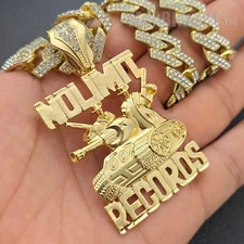 Men's NO LIMIT RECORDS Tank Pendant & Iced CZ Cuban Chain Hip Hop Style Necklace