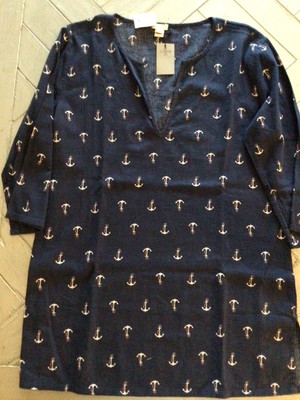 NWT- J Crew -Nautical-Navy Blue-Red-White-Anchor-V Neck-3/4 Sleeve-PETITE  L-Top