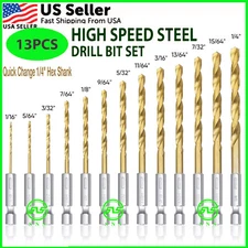 13PCS HSS Twist Drill Bit Set Metal Titanium 1/4" Hex Shank Kit QUICK RELEASE US
