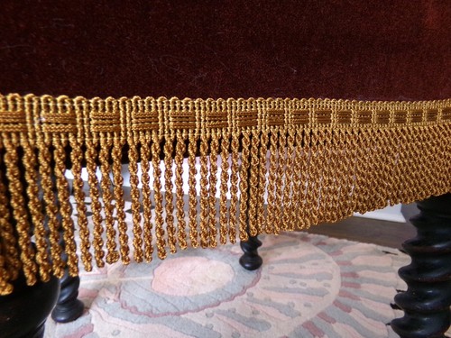 Vintage Chair Lounge Stool. Red velvet, gold fringe, turned wood legs 42x42x46cm - Picture 6 of 9