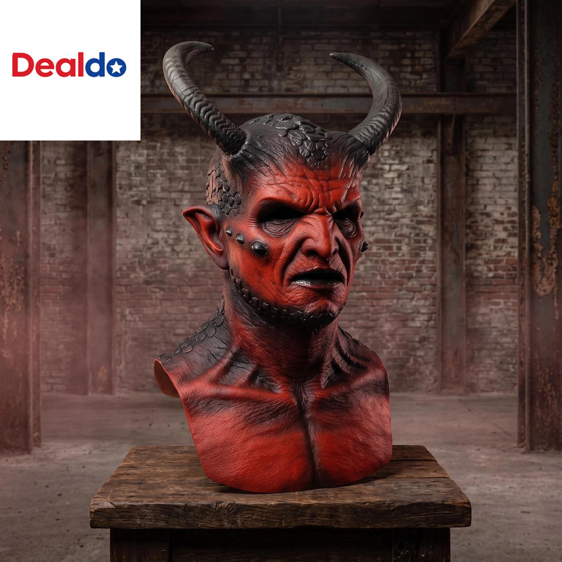Realistic Latex Demon Mask with Horns Full Face Halloween Cosplay