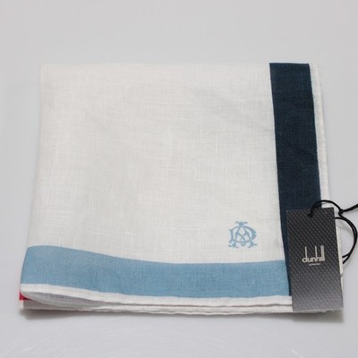 Dunhill NWT 100% Linen Pocket Square In Ivory with Blues / Green / Red Border