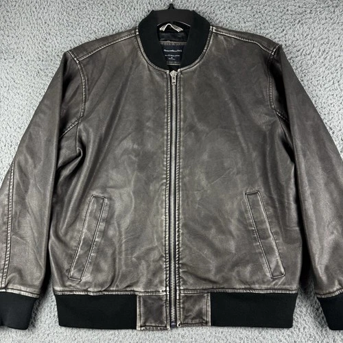 Abercrombie & Fitch Jacket Mens Small Relaxed Vegan Leather Bomber Grey Full Zip image 2
