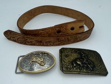 Justin Kids Sz 24 Embossed Western Leather Cowhide Belt with 2 Buckles