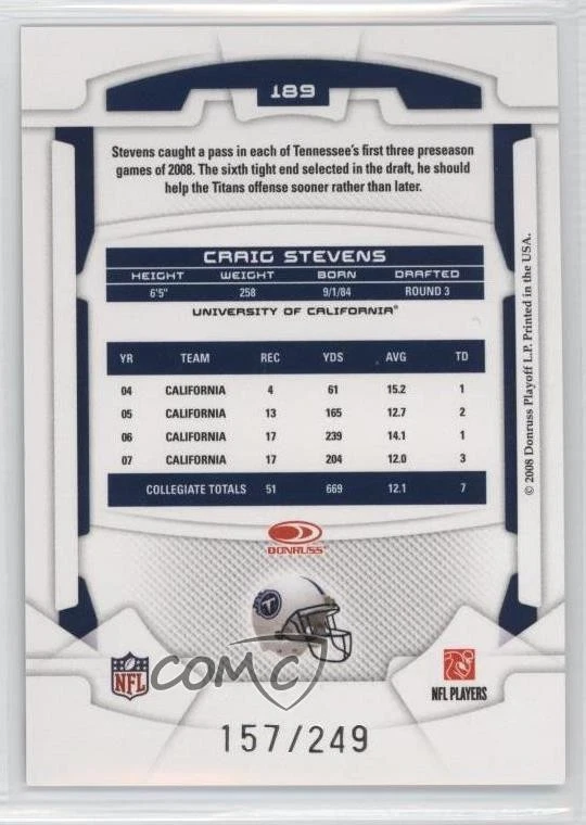 2008 Leaf Rookies & Stars Longevity Rookie Ruby /249 Craig Stevens #189 RC - Image 2 of 2