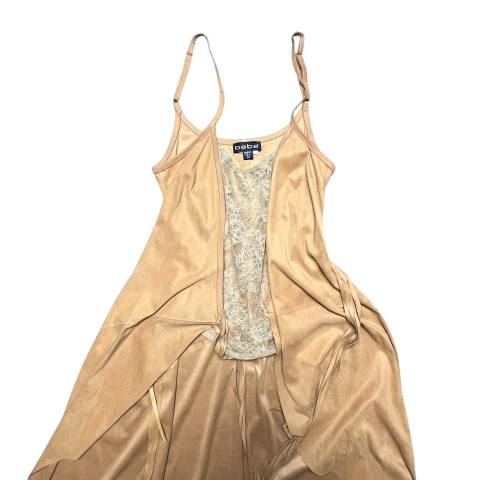 Vestido envolvente Bebe vintage para mujer XS bronceado imitación gamuza vaquera costera flecos boho Foto 4 de 4