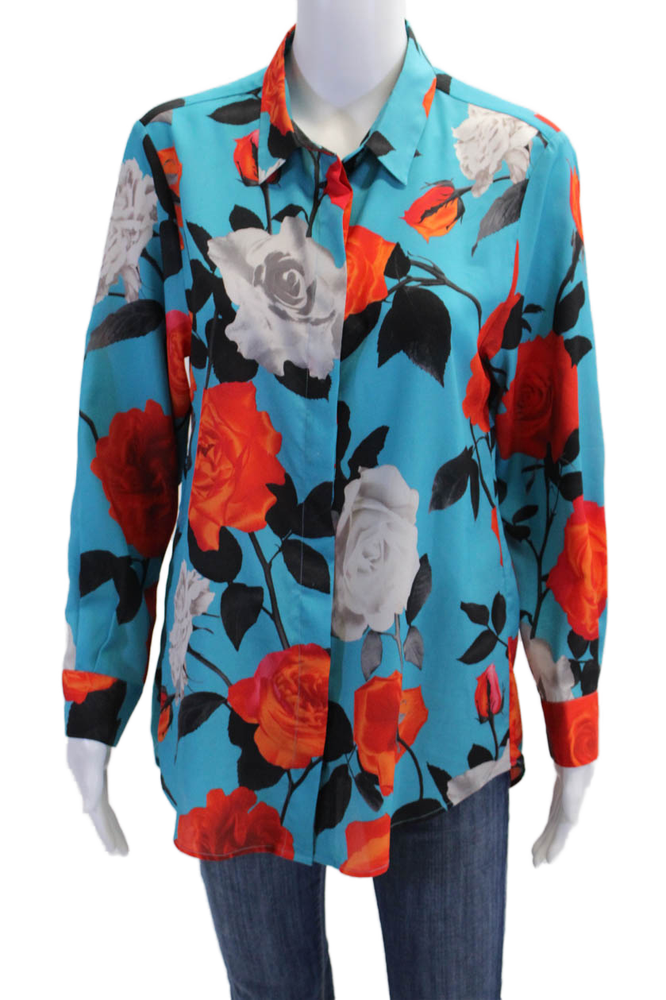 MSGM Womens Blue Floral Button Down Shirt Long Sleeve Collared Top Size Medium