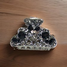 Vintage Style Silver Tone Metal Floral Flower Hair Claw Clip Black Rhinestone