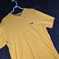 Tommy Jeans V-Neck T-Shirt Logo Short Sleeve Casual Tee Top Yellow M