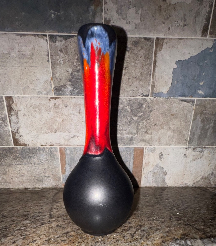 Vintage Haeger Art Pottery Black Mystique Orange Red Lava Drip MCM Vase #4001