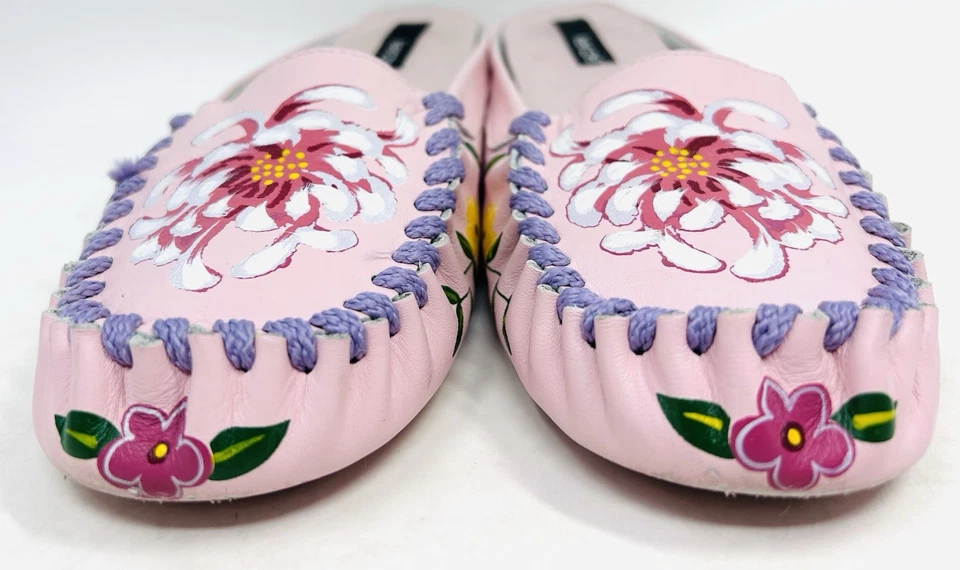 Chinelos Mules Kenzie Denso Couro Pintado à Mão Floral Rosa Tamanho 10 Excelente Estado Usado - Imagem 4 de 4