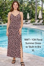 NWT Y2K Floral Maxi Dress XL Black Pink Daisy Print Summer Built-In Bra Ardene