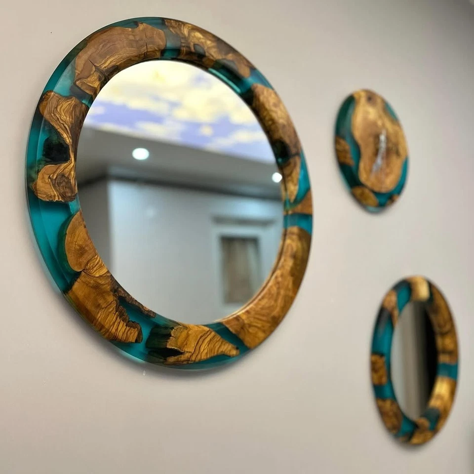 Handmade Epoxy Wall Clock  Mirror Set with Olive Wood Unique 3-Piece Decor 20'' - Image 4 of 4