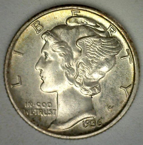 1936 Mercury Silver Dime Uncirculated 10c Lightly Toned US 10 Cents