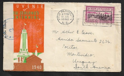NEW ZEALAND TO URUGUAY CENTENARY OF NZ COMMEMORATIVE CACHET COVER 1940 - 第 1/2 張圖片