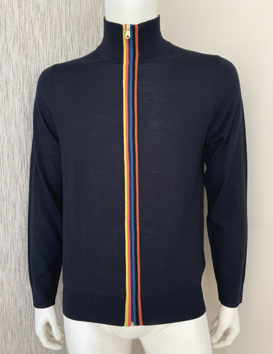 PAUL SMITH NAVY BLUE ARTIST STRIPE TRIM ZIP THROUGH CARDIGAN SIZE L/XL BNWT