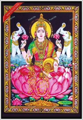Göttin Laxmi Baumwolle Wandposter. Wandbehang aus mehrfarbigem Stoff mit Pail...