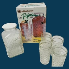 Vintage Pitcher And Glasses Anchor Glass Golden Harvest 5pc Refreshment Set
