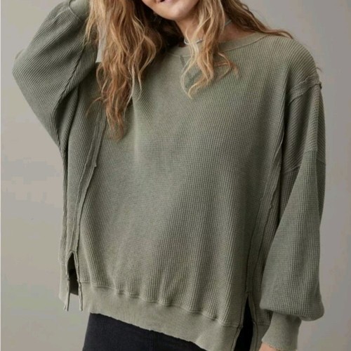 S American Eagle Washed Green Big Hug Waffle Distressed Oversized Crew Pullover - Picture 2 of 15