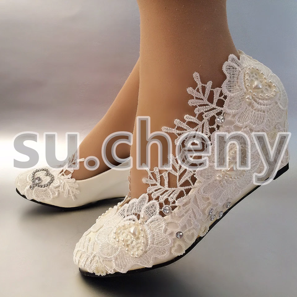 su.cheny 2" Wedge white ivory pearls lace crystal Wedding shoes Bridal size 5-12 - Image 2 of 4