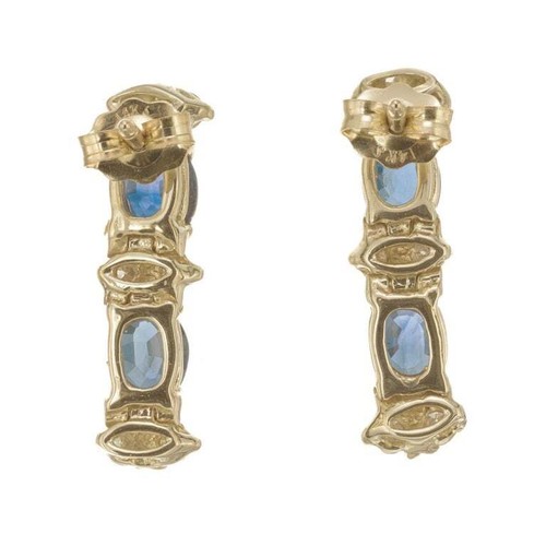 2.00 Carat Blue Sapphire Diamond Yellow Gold Dangle Earrings - Picture 3 of 5