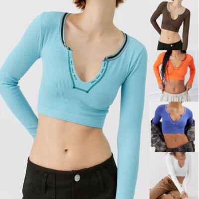 Women s Summer Long Sleeve Shirt Big V Neck Crop Top Blouses Streetwear