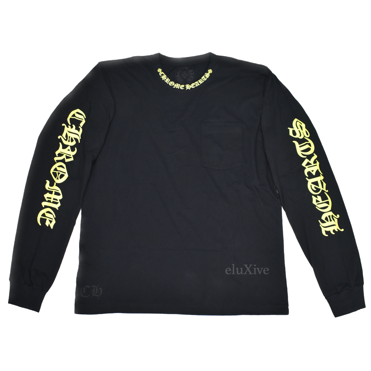NEW Chrome Hearts Men's Black Acid Yellow Collar Print LS T NEW Chrome Hearts Men's Black Acid Yellow Collar Print LS T