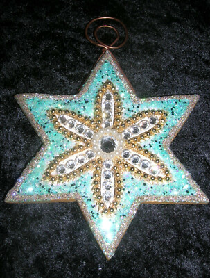 CRYSTAL GLITTER STAR of DAVID ~ GLITTER WOOD ORNAMENT ~ AQUA