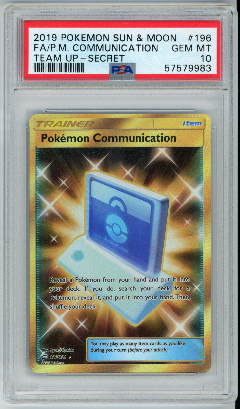 POKEMON TEAM UP POKEMON COMMUNICATION #196 SECRET RARE PSA 10 GEM MINT #57579983