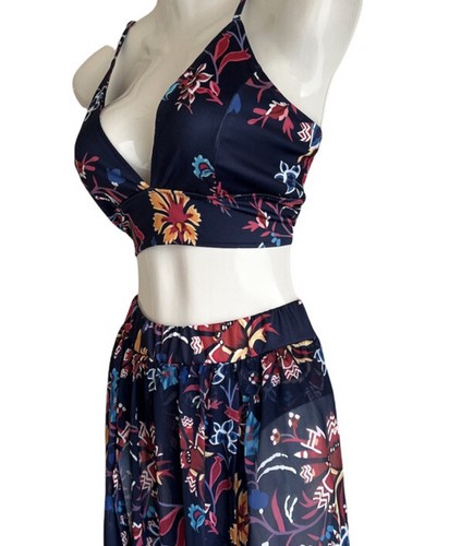 Womens 2 Piece Outfits Summer Floral Beach Crop and Side Slit Skirt pool beach - Picture 3 of 9