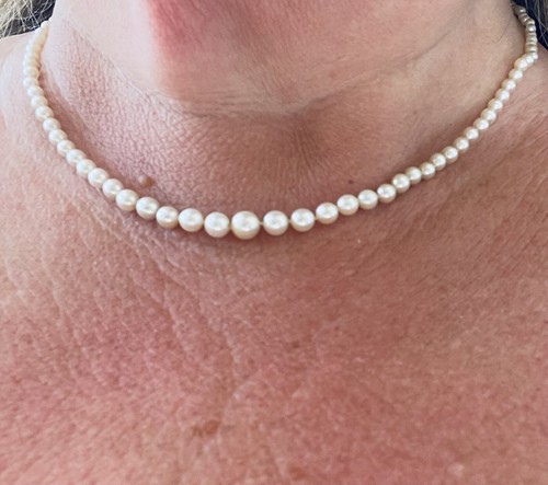Cultured Saltwater Graduated One Strand Pearl Necklace Diamond & Gold Clasp 20" - Picture 2 of 8