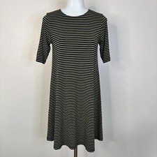 Old Navy Swing Dress Small Green Black Striped Short Sleeve Stretch Casual