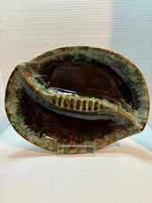 Mid Century Brown and Green Drip Glazed Pottery Ashtray, Vtg Extra Large