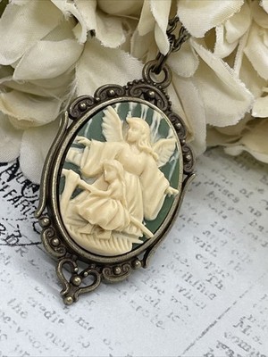 Baptism Christian Green Guardian  ANGEL Perilous Bridge Bronze  Cameo Necklace