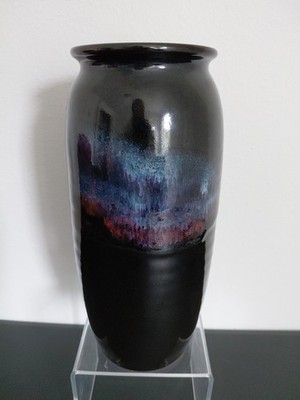 VTG Bruning Studio Pottery Seattle Large Wheel Thrown Vance BLACK BLUE PINK 11''