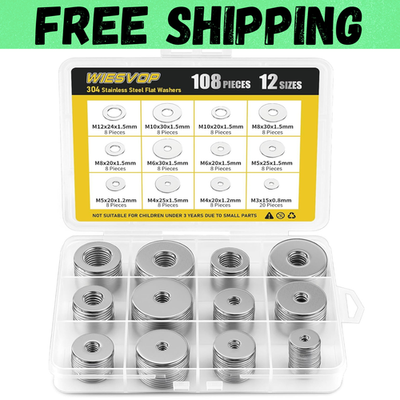 #ad 304 Stainless Steel Flat Washers108Pcs Fender Washers Assortment Kit 12 Sizes $10.19