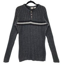 Vtg Fieldmaster Henley Sweater sz S Mens Gray White Ribbed Ramie Cotton Striped